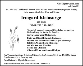 Anzeige  Irmgard Kleinsorge  Lippische Landes-Zeitung