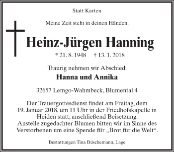 Anzeige  Heinz-Jürgen Hanning  Lippische Landes-Zeitung