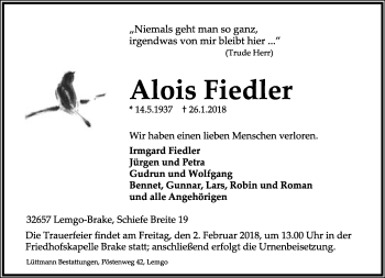 Anzeige  Alois Fiedler  Lippische Landes-Zeitung