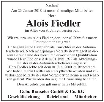 Anzeige  Alois Fiedler  Lippische Landes-Zeitung