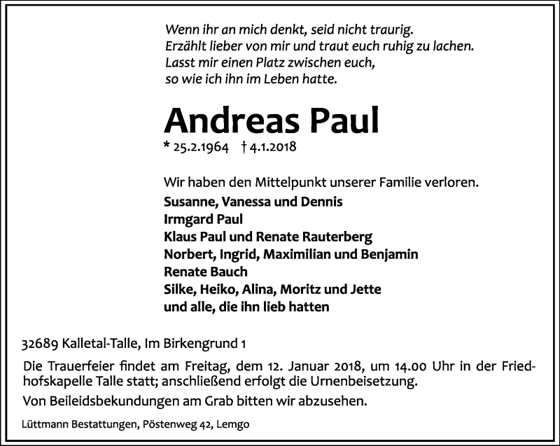  Traueranzeige für Andreas Paul vom 06.01.2018 aus Lippische Landes-Zeitung