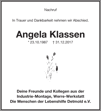 Anzeige  Angela Klassen  Lippische Landes-Zeitung