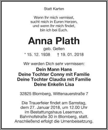 Anzeige  Anna Plath  Lippische Landes-Zeitung