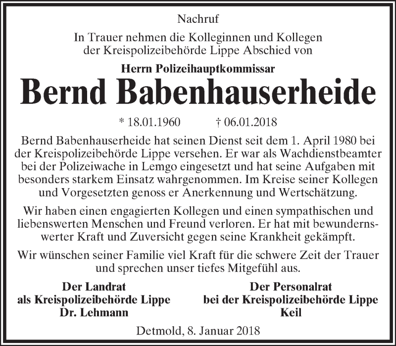  Traueranzeige für Bernd Babenhauserheide vom 13.01.2018 aus Lippische Landes-Zeitung