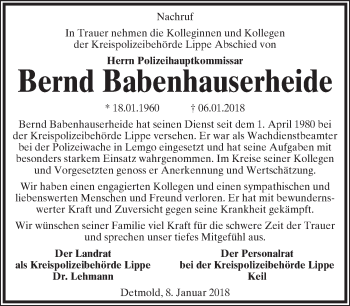 Anzeige  Bernd Babenhauserheide  Lippische Landes-Zeitung