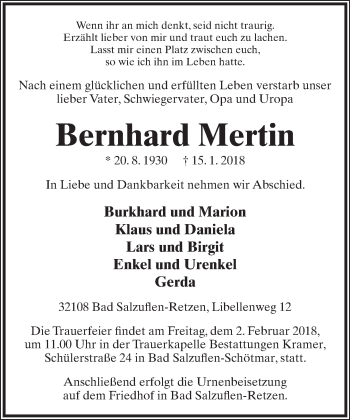 Anzeige  Bernhard Mertin  Lippische Landes-Zeitung