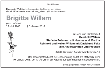 Anzeige  Brigitta Willam  Lippische Landes-Zeitung