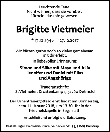 Anzeige  Brigitte Vietmeier  Lippische Landes-Zeitung