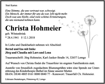 Anzeige  Christa Hohmeier  Lippische Landes-Zeitung
