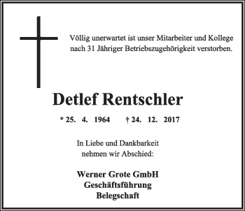 Anzeige  Detlev Rentschler  Lippische Landes-Zeitung