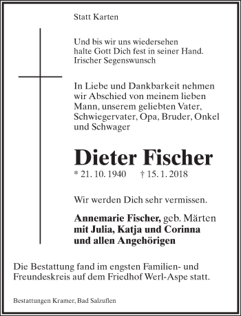Anzeige  Dieter Fischer  Lippische Landes-Zeitung