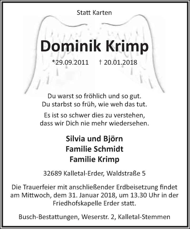  Traueranzeige für Dominik Krimp vom 27.01.2018 aus Lippische Landes-Zeitung