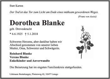 Anzeige  Dorothea Blanke  Lippische Landes-Zeitung