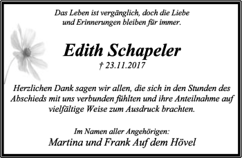 Anzeige  Edith Schapeler  Lippische Landes-Zeitung