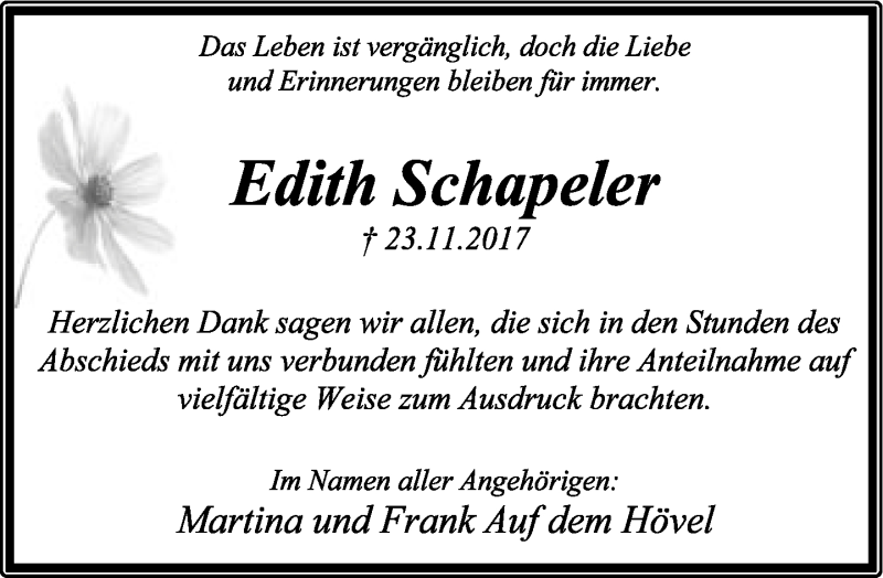  Traueranzeige für Edith Schapeler vom 06.01.2018 aus Lippische Landes-Zeitung