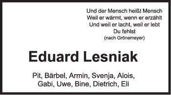 Anzeige  Eduard Lesniak  Lippische Landes-Zeitung