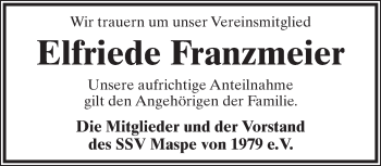 Anzeige  Elfriede Franzmeier  Lippische Landes-Zeitung