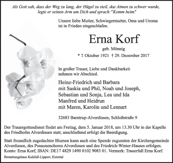 Anzeige  Erna Korf  Lippische Landes-Zeitung