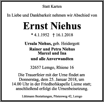 Anzeige  Ernst Niehus  Lippische Landes-Zeitung