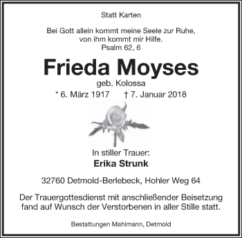 Anzeige  Frieda Moyses  Lippische Landes-Zeitung