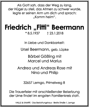 Anzeige  Friedrich  Beermann  Lippische Landes-Zeitung