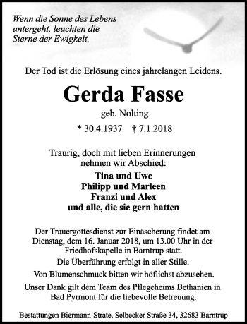 Anzeige  Gerda Fasse  Lippische Landes-Zeitung