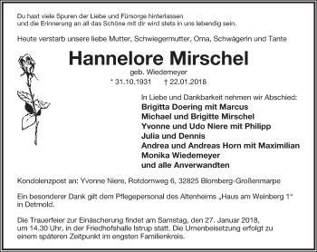 Anzeige  Hannelore Mirschel  Lippische Landes-Zeitung