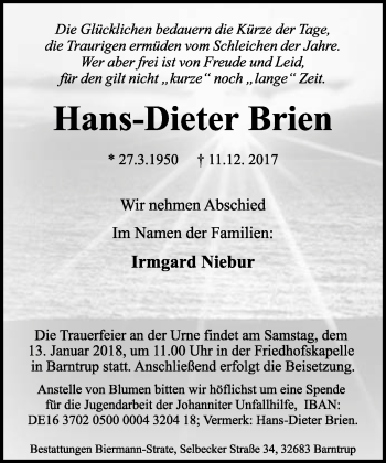 Anzeige  Hans-Dieter Brien  Lippische Landes-Zeitung