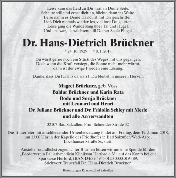 Anzeige  Hans-Dietrich Brückner  Lippische Landes-Zeitung