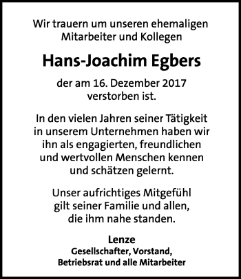 Anzeige  Hans-Joachim Egbers  Lippische Landes-Zeitung