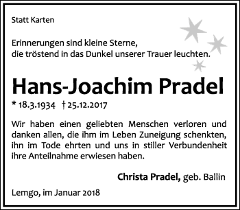 Anzeige  Hans-Joachim Pradel  Lippische Landes-Zeitung