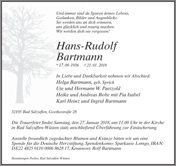Anzeige  Hans-Rudolf Bartmann  Lippische Landes-Zeitung