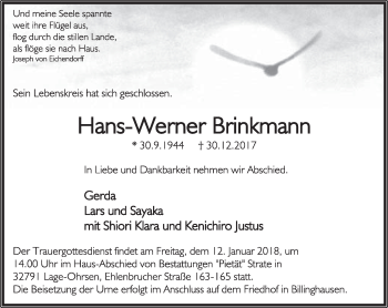 Anzeige  Hans-Werner Brinkmann  Lippische Landes-Zeitung