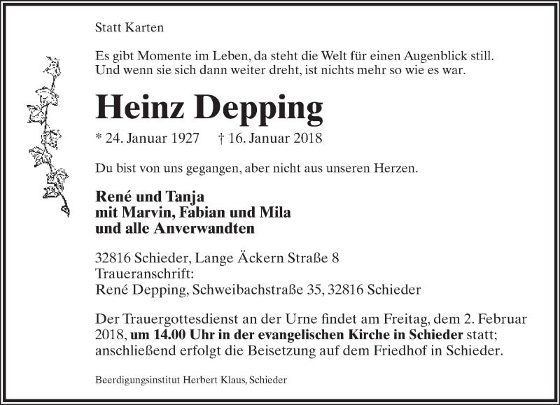  Traueranzeige für Heinz Depping vom 27.01.2018 aus Lippische Landes-Zeitung
