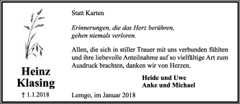 Anzeige  Heinz Klasing  Lippische Landes-Zeitung