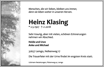 Anzeige  Heinz Klasing  Lippische Landes-Zeitung
