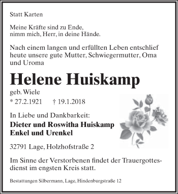 Anzeige  Helene Huiskamp  Lippische Landes-Zeitung
