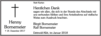 Anzeige  Henny Bornemeier  Lippische Landes-Zeitung