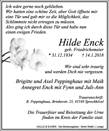 Anzeige  Hilde Enck  Lippische Landes-Zeitung
