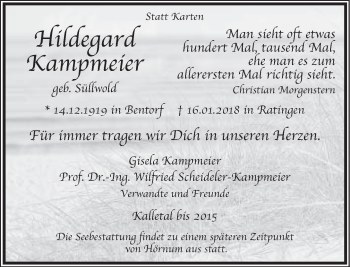 Anzeige  Hildegard Kampmeier  Lippische Landes-Zeitung
