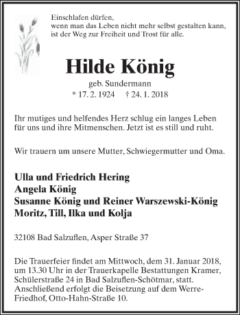 Anzeige  Hildegard König  Lippische Landes-Zeitung