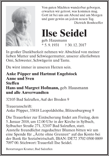 Anzeige  Ilse Seidel  Lippische Landes-Zeitung