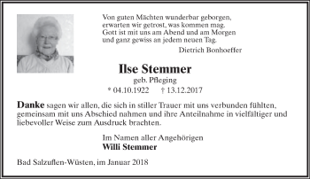 Anzeige  Ilse Stemmer  Lippische Landes-Zeitung