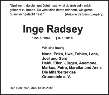 Anzeige  Inge Radsey  Lippische Landes-Zeitung