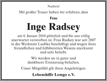 Anzeige  Inge Radsey  Lippische Landes-Zeitung
