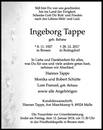 Anzeige  Ingeborg Tappe  Lippische Landes-Zeitung