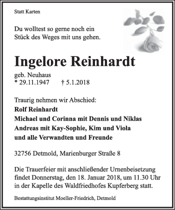 Anzeige  Ingelore Reinhardt  Lippische Landes-Zeitung