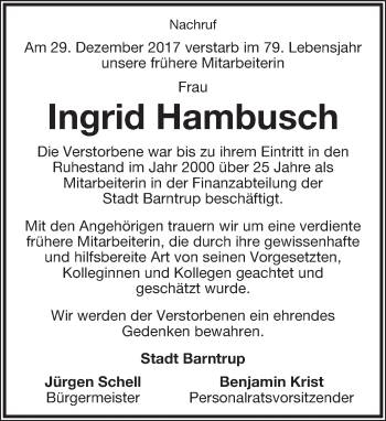 Anzeige  Ingrid Hambusch  Lippische Landes-Zeitung