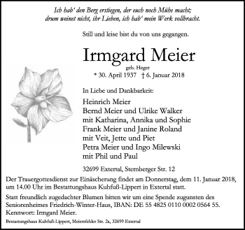 Anzeige  Irmgard Meier  Lippische Landes-Zeitung