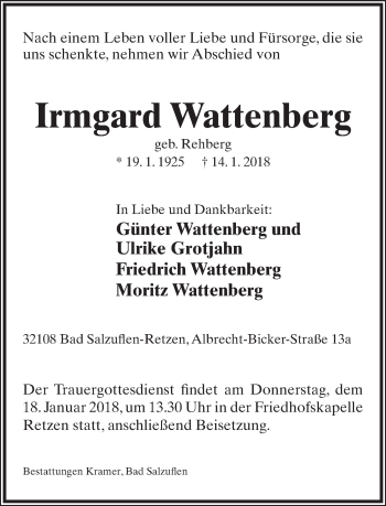Anzeige  Irmgard Wattenberg  Lippische Landes-Zeitung